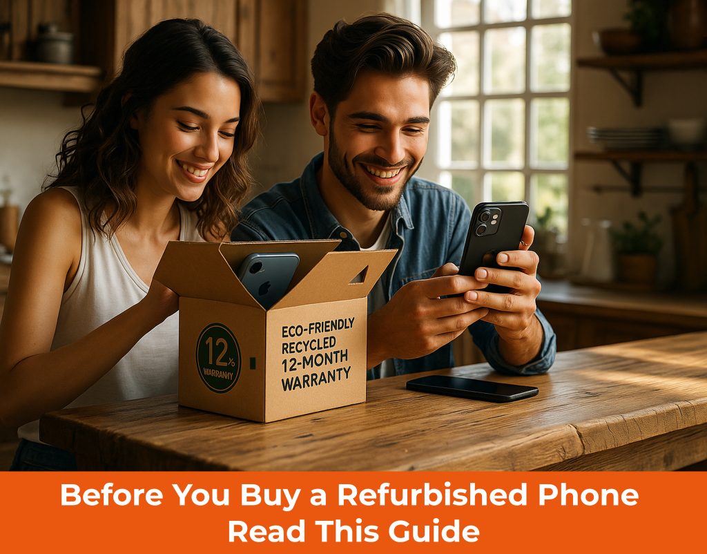 Smiling couple unboxing an eco-friendly refurbished phone with a 12-month warranty in a warm, natural home setting.